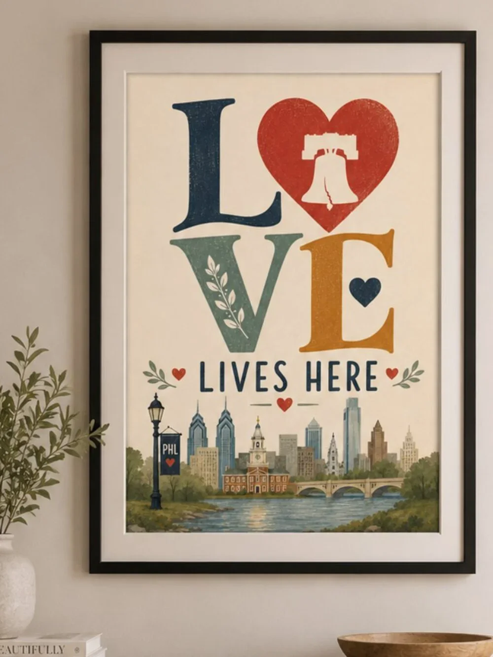 Philadelphia LOVE Lives Here Framed Wall Art | 13x19 Liberty Bell Philly Skyline